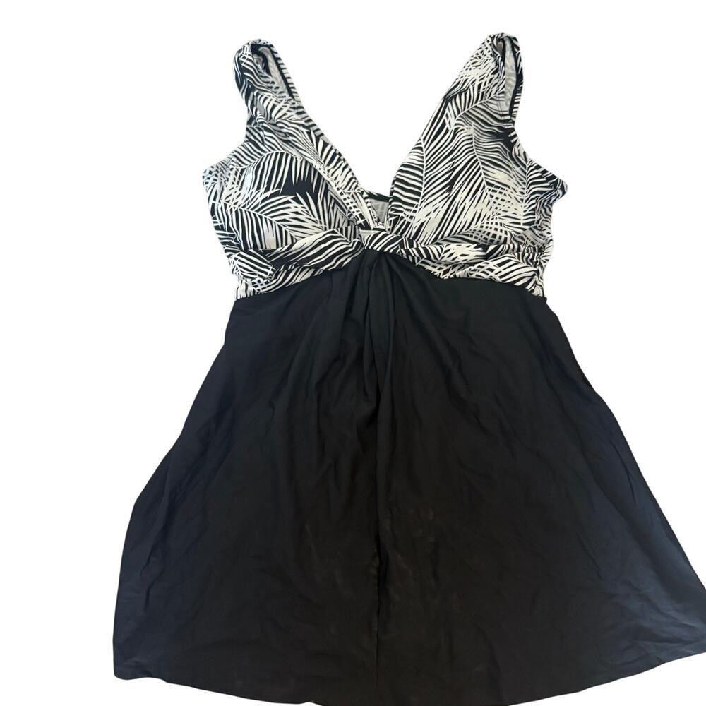 A.C.T. black swimdress swimsuit size 16W tropical leaf bust control panel